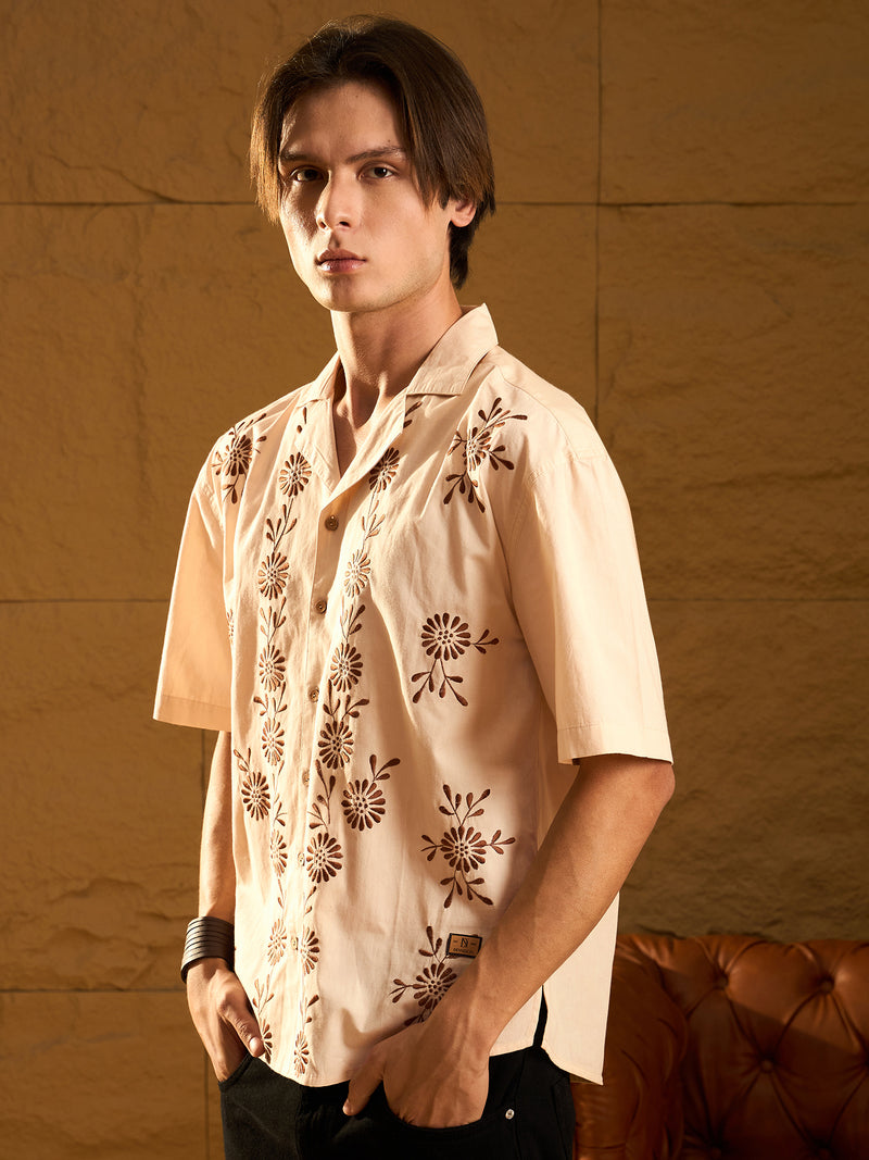 Beige: Half Sleeves Floral Embroidery Shirt