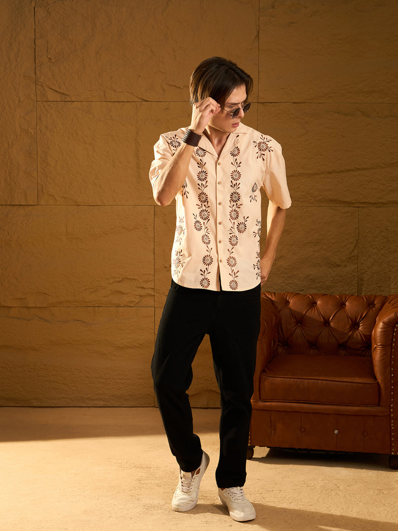 Beige: Half Sleeves Floral Embroidery Shirt