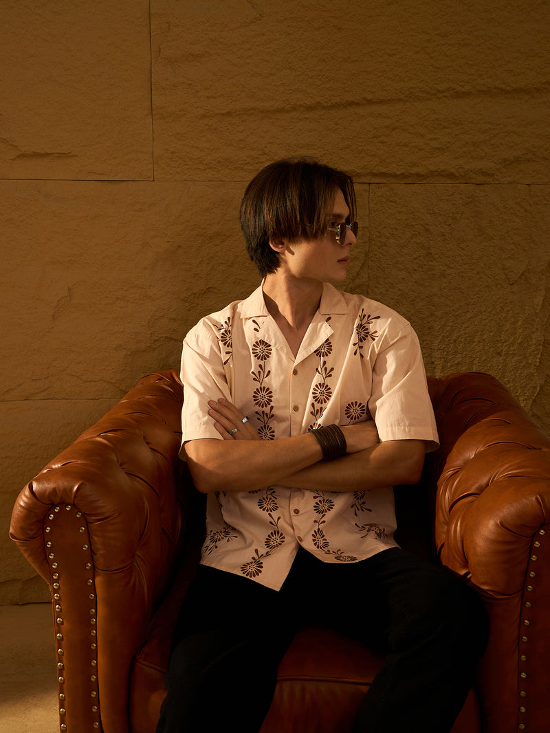 Beige: Half Sleeves Floral Embroidery Shirt