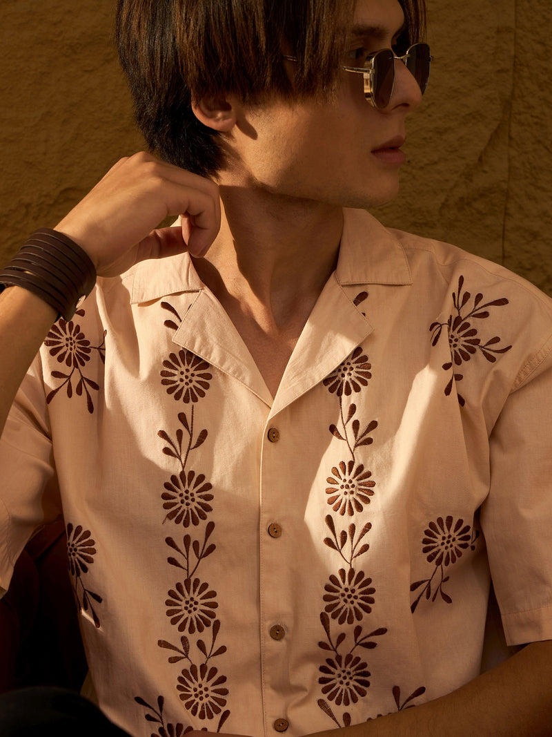Beige: Half Sleeves Floral Embroidery Shirt