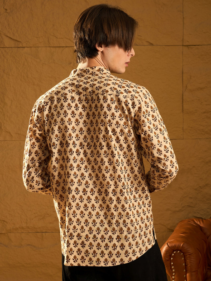 Beige: Hand Block Printed Short Casual Kurta
