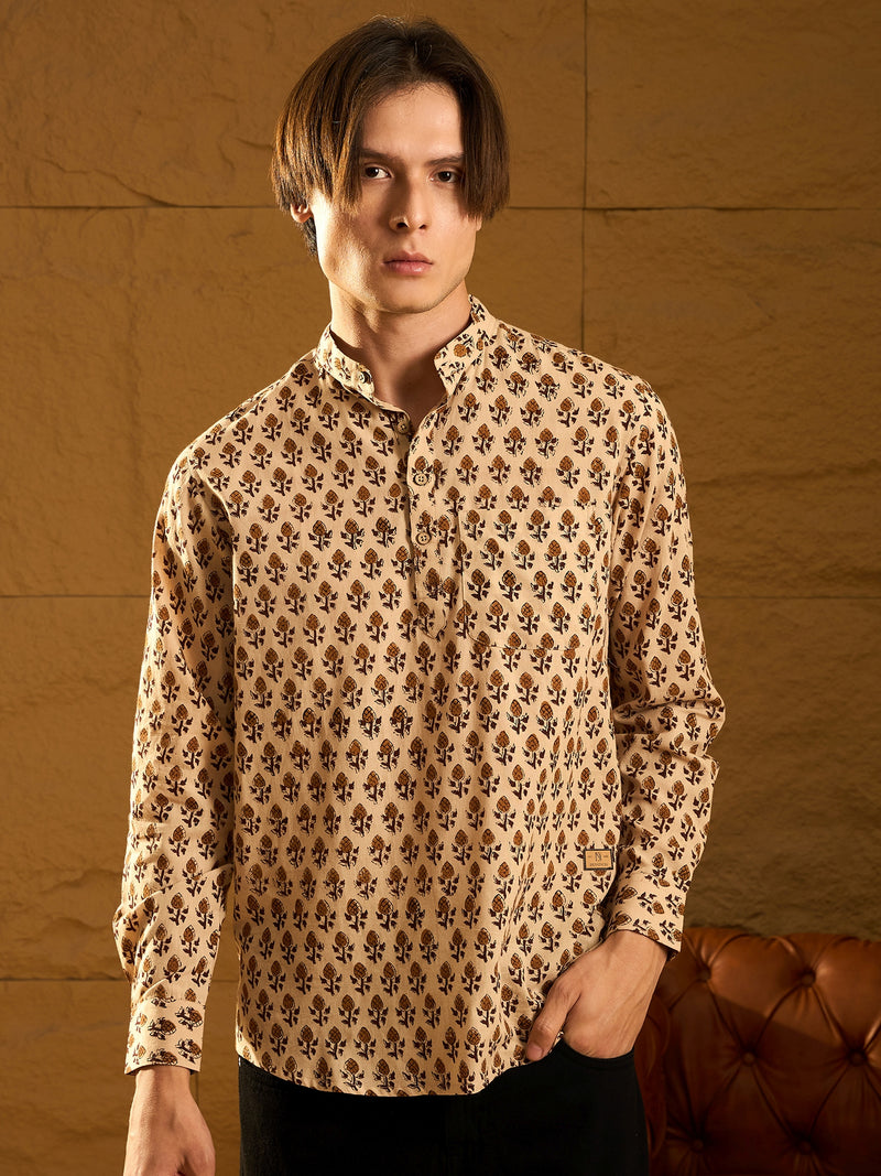 Beige: Hand Block Printed Short Casual Kurta