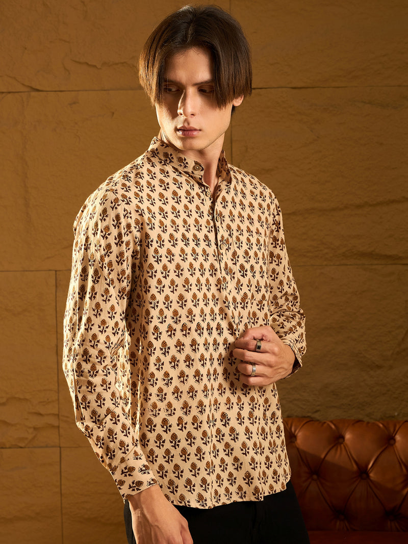 Beige: Hand Block Printed Short Casual Kurta