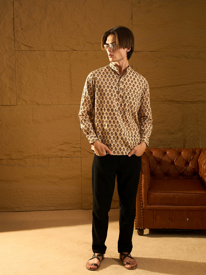 Beige: Hand Block Printed Short Casual Kurta