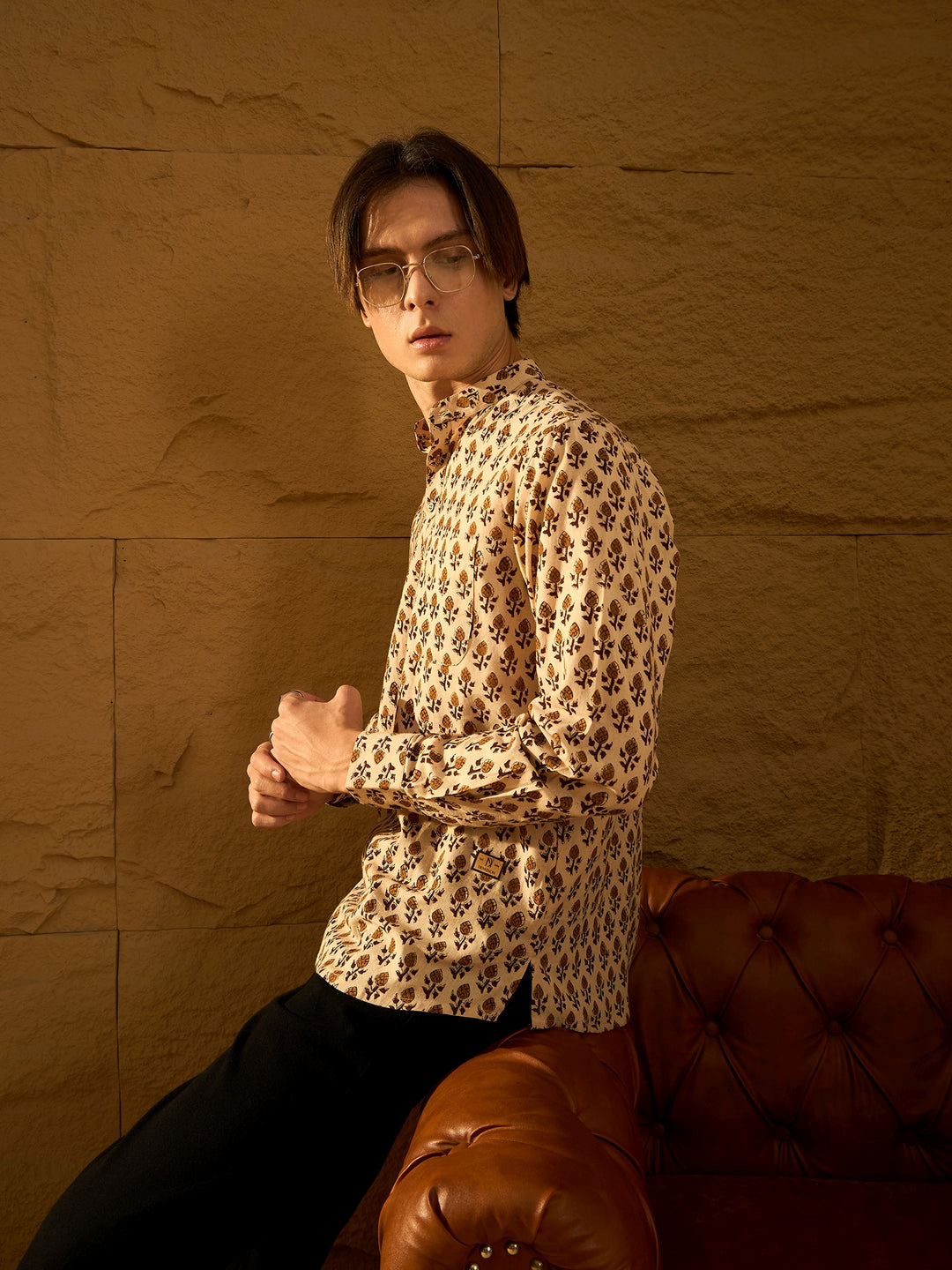 Dennison men's beige hand block printed short casual kurta front view