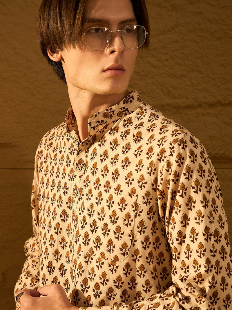 Beige: Hand Block Printed Short Casual Kurta