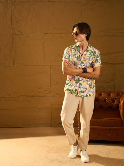 White & Green Floral Printed Shirt