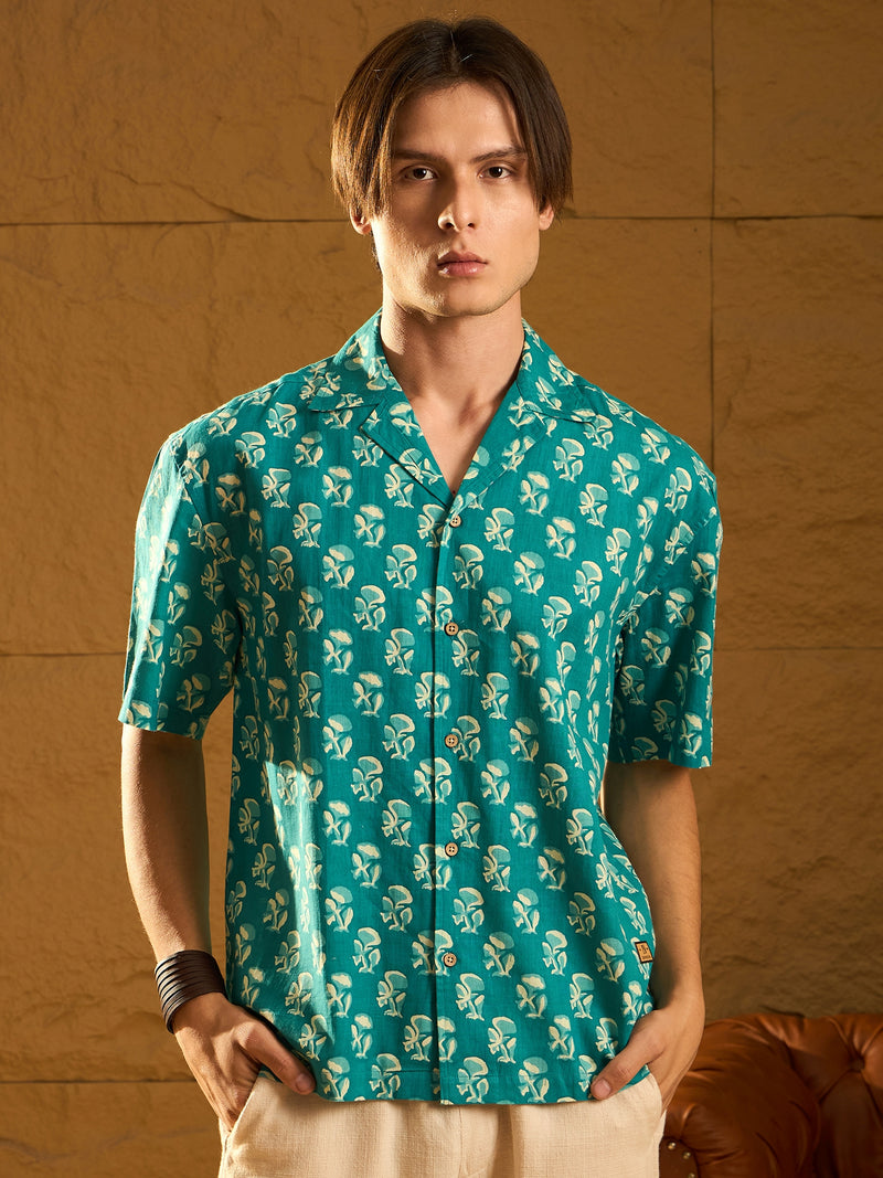 Blue and Cream: Half Sleeves Floral Printed Oversized Shirt