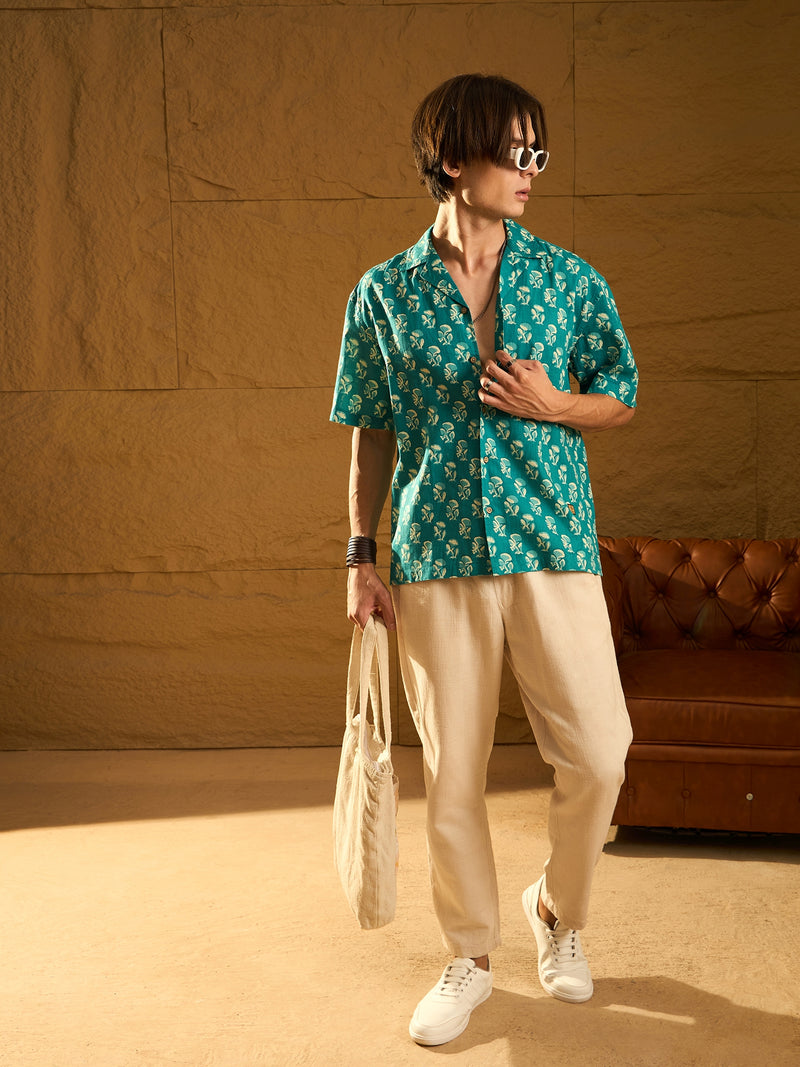 Blue and Cream: Half Sleeves Floral Printed Oversized Shirt