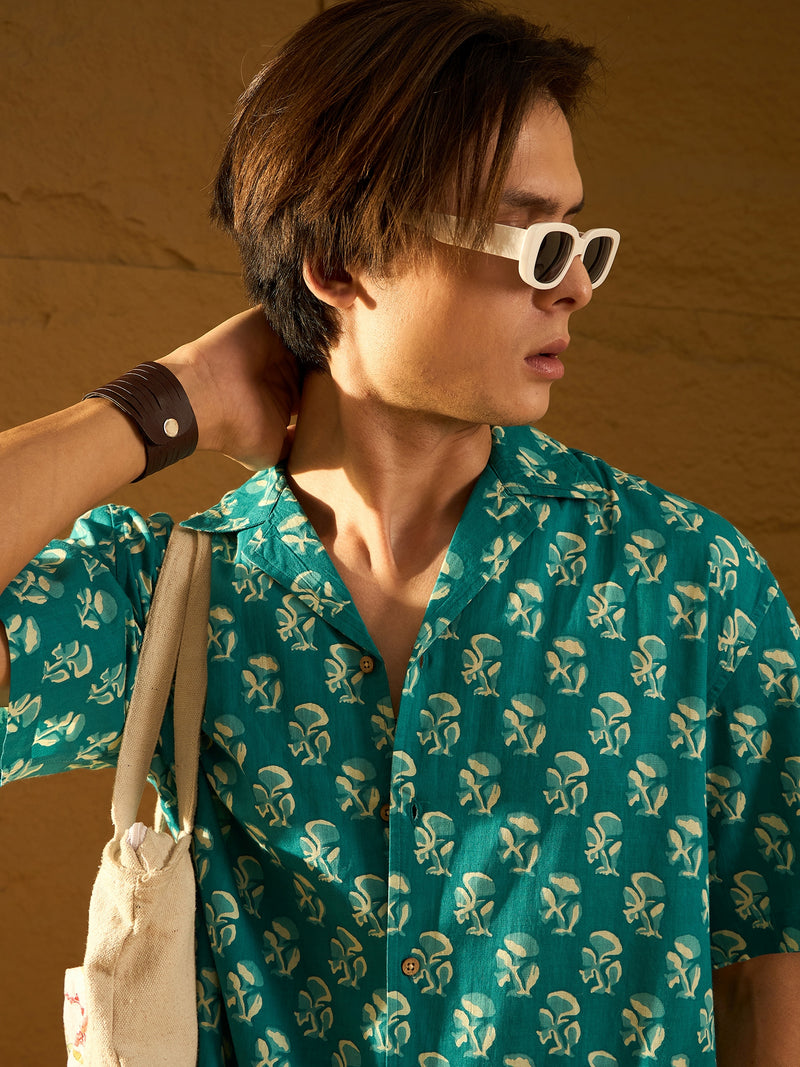 Blue and Cream: Half Sleeves Floral Printed Oversized Shirt