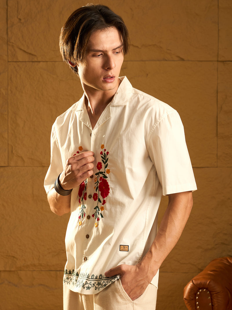 White : Half Sleeves Embroidery Shirt