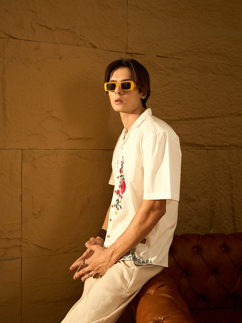 White : Half Sleeves Embroidery Shirt