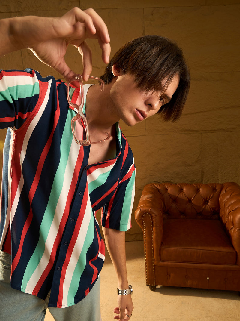Navy Blue: Half Sleeves Oversized stripes Shirt