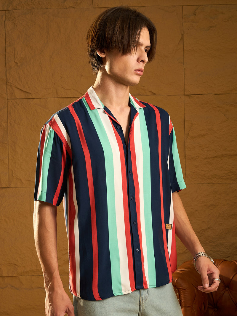 Navy Blue: Half Sleeves Oversized stripes Shirt