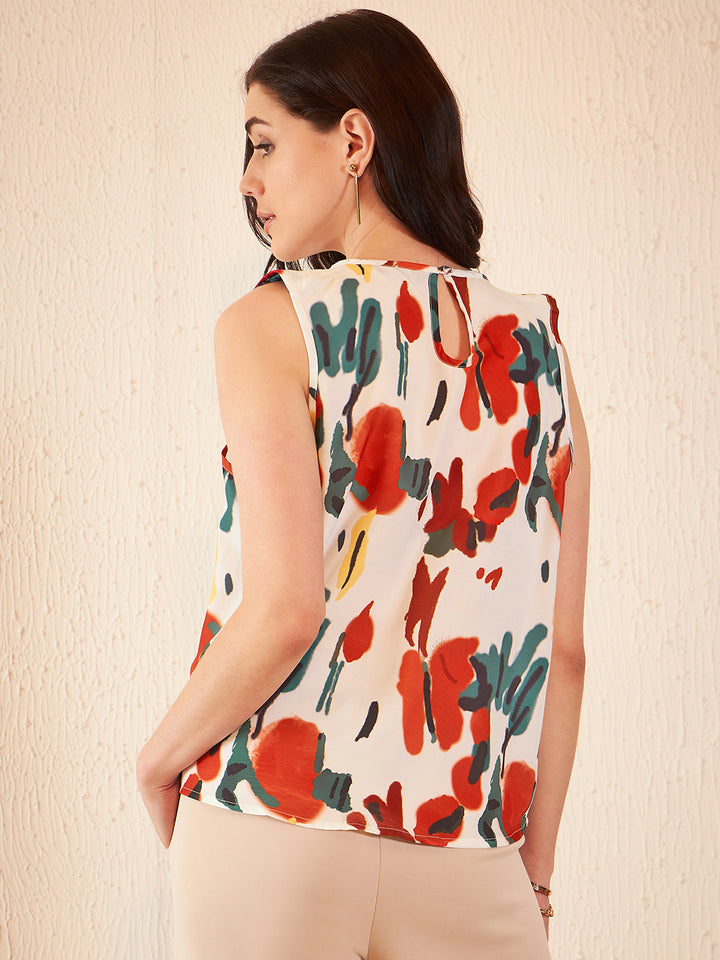 Abstract Print Draped Neck Sleeveless Top