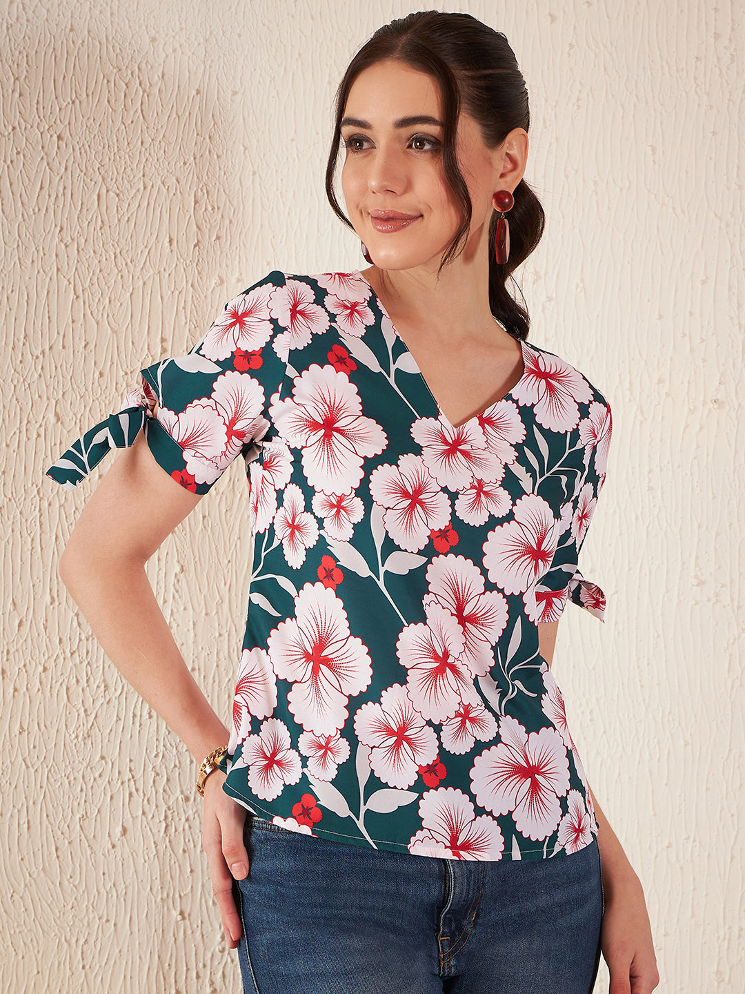 Floral Printed V-Neck Crepe Top