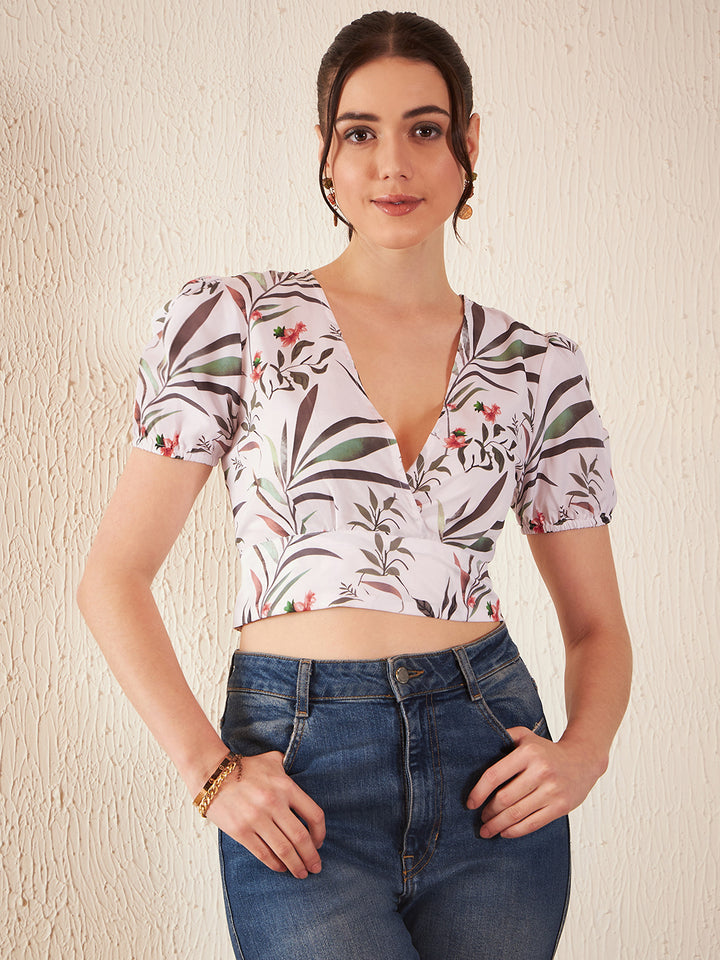 Floral Printed Puff Sleeves Blouson Crop Top