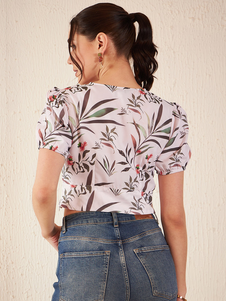 Floral Printed Puff Sleeves Blouson Crop Top