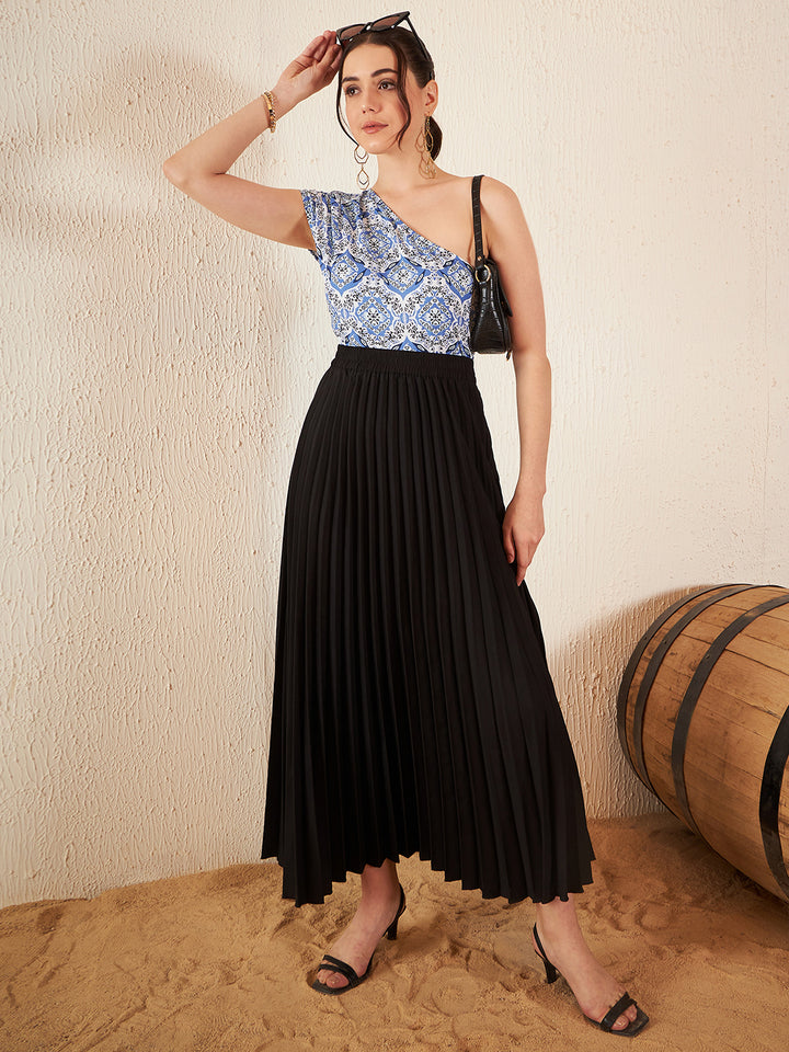 Women White and Blue Ethnic Motifs Printed One Shoulder Top
