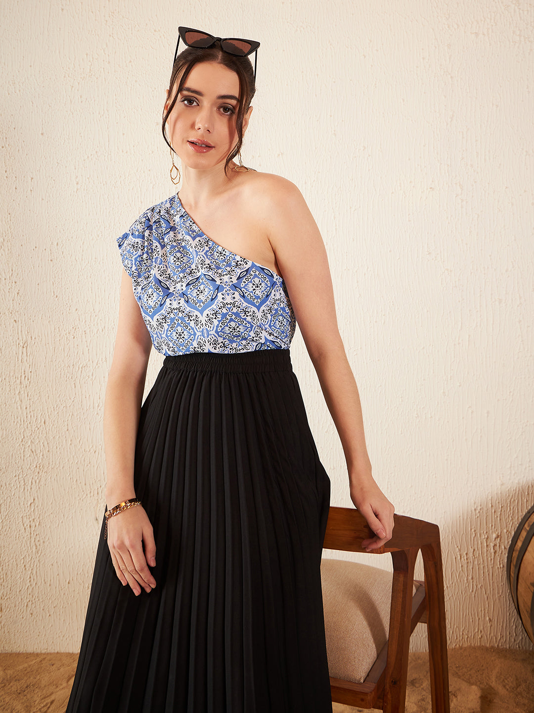 Women White and Blue Ethnic Motifs Printed One Shoulder Top