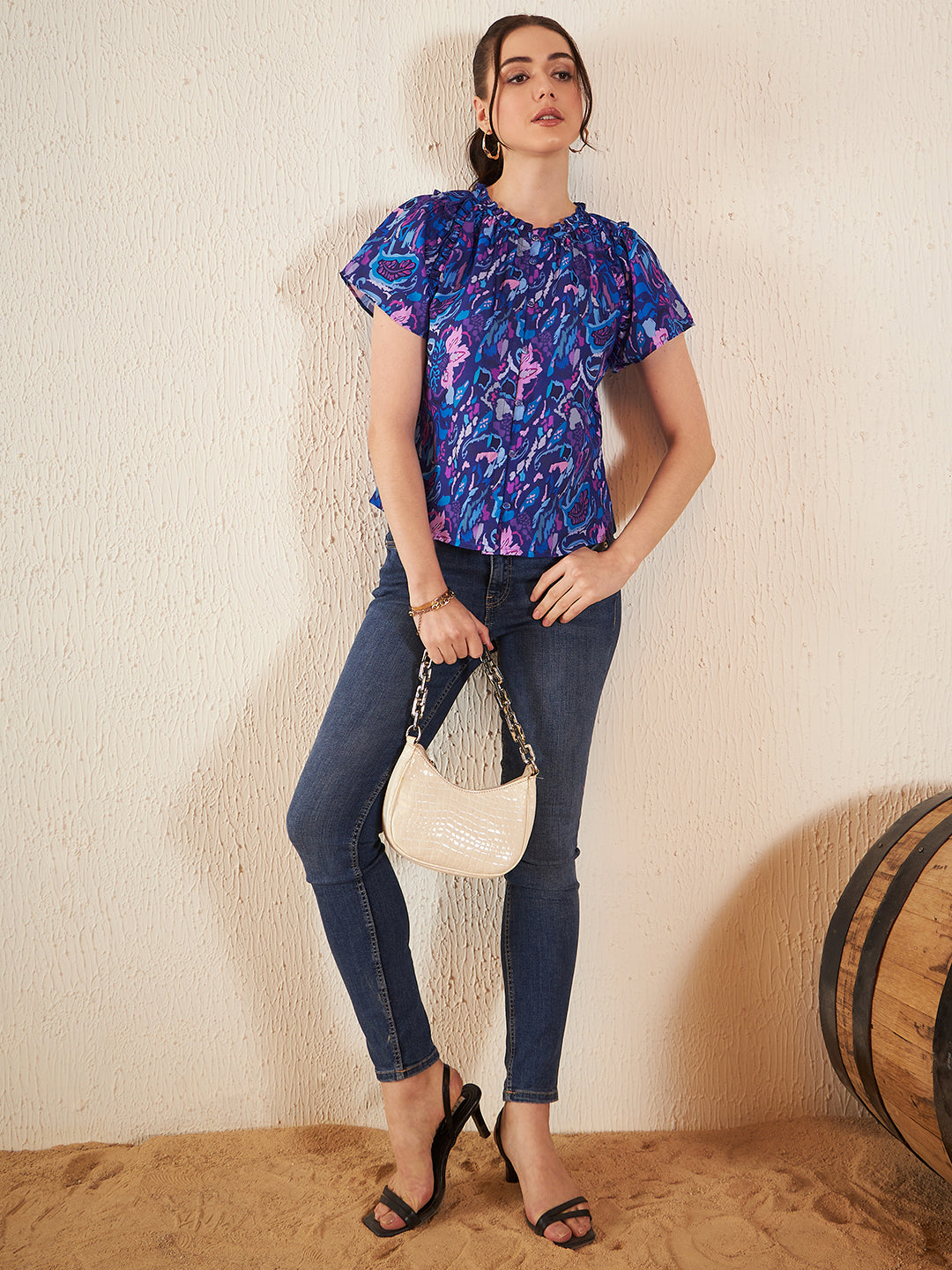 Abstract Printed Puff Sleeves Top