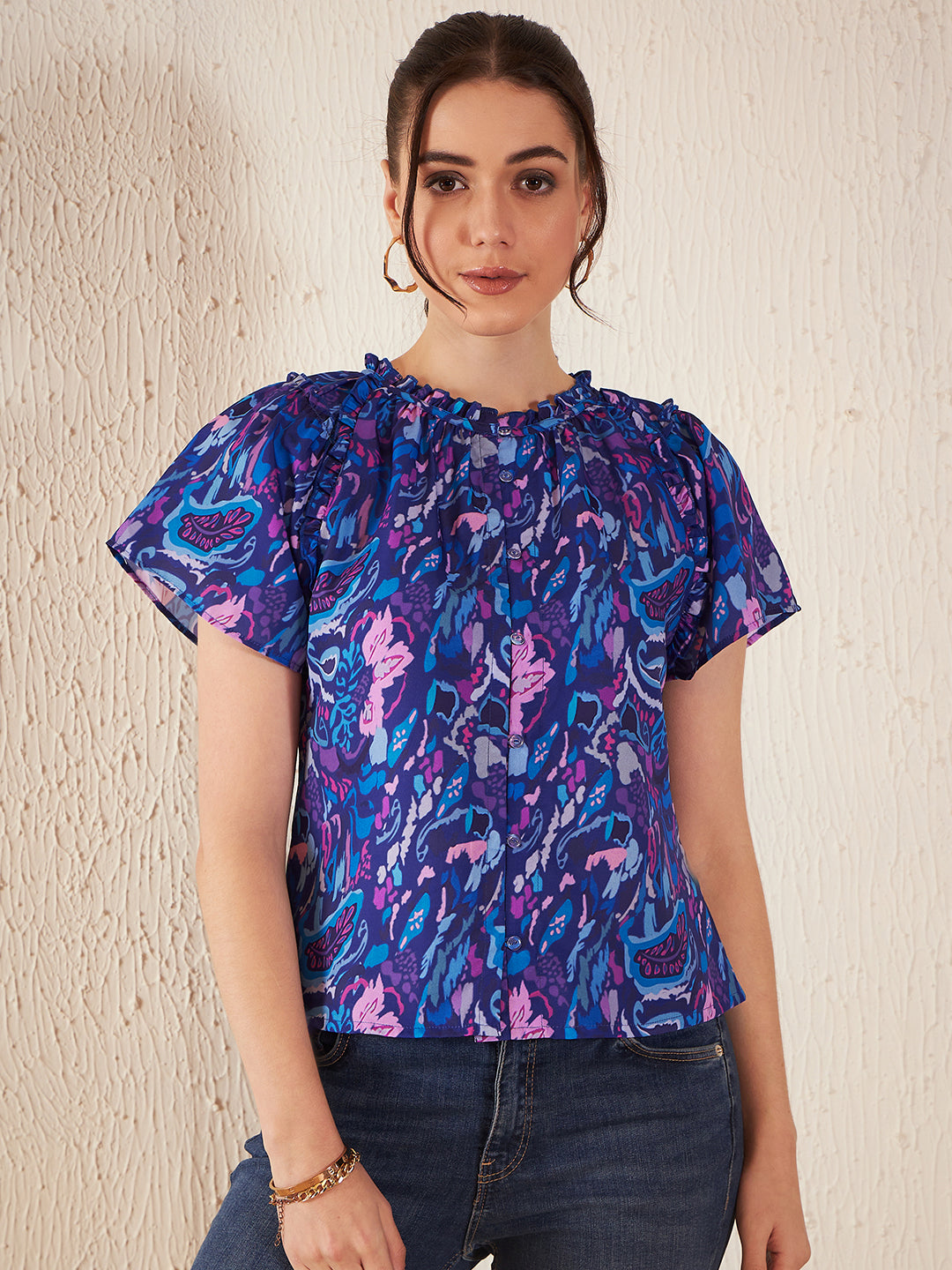 Abstract Printed Puff Sleeves Top