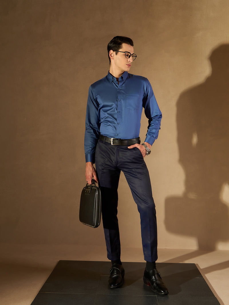 DENNISON Men Navy Blue Smart Tapered Fit Self Design Regular Trousers