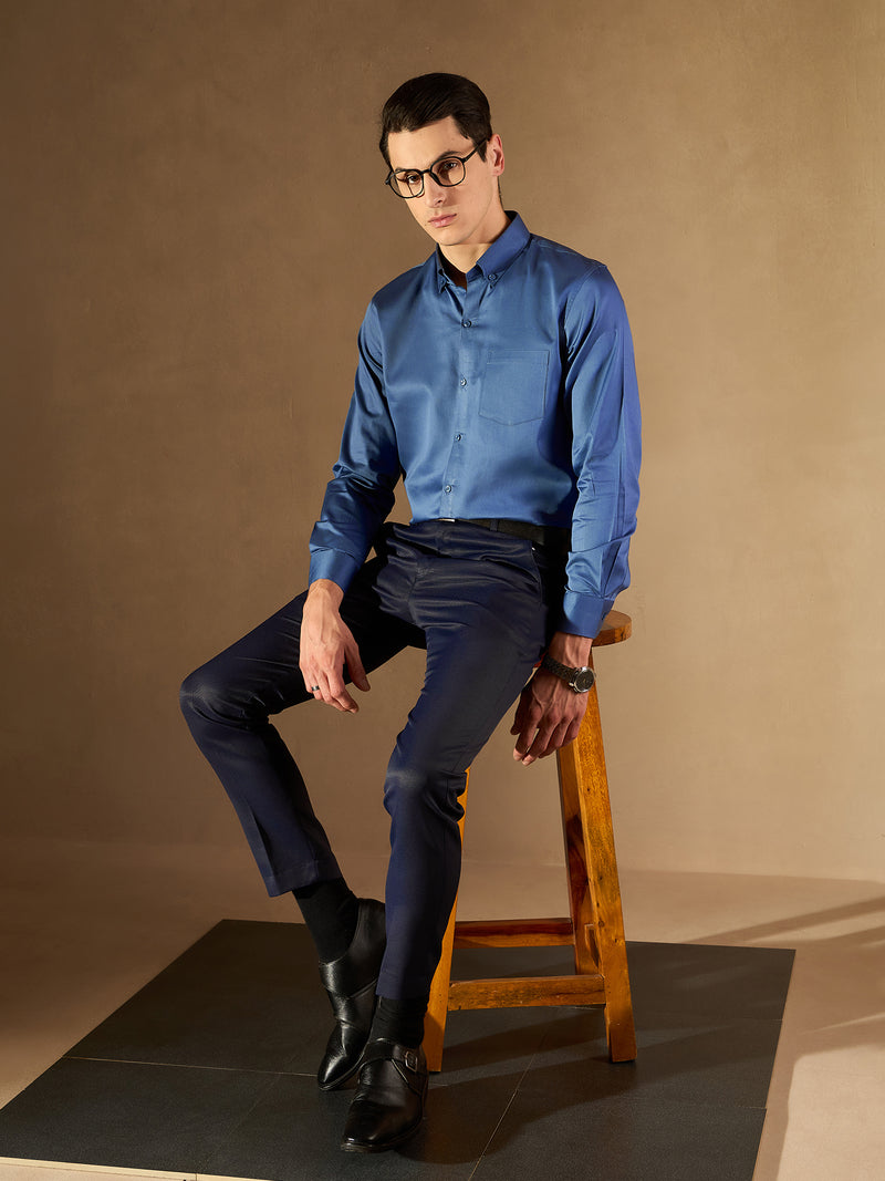 DENNISON Men Navy Blue Smart Tapered Fit Self Design Regular Trousers