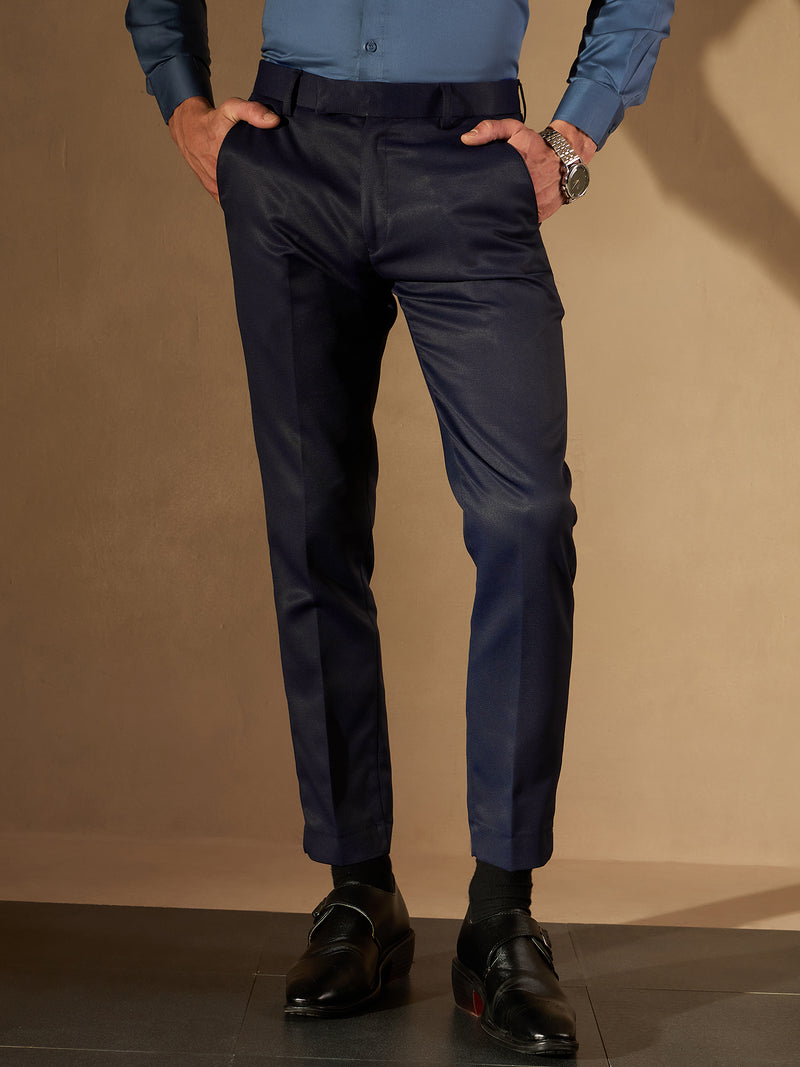 DENNISON Men Navy Blue Smart Tapered Fit Self Design Regular Trousers