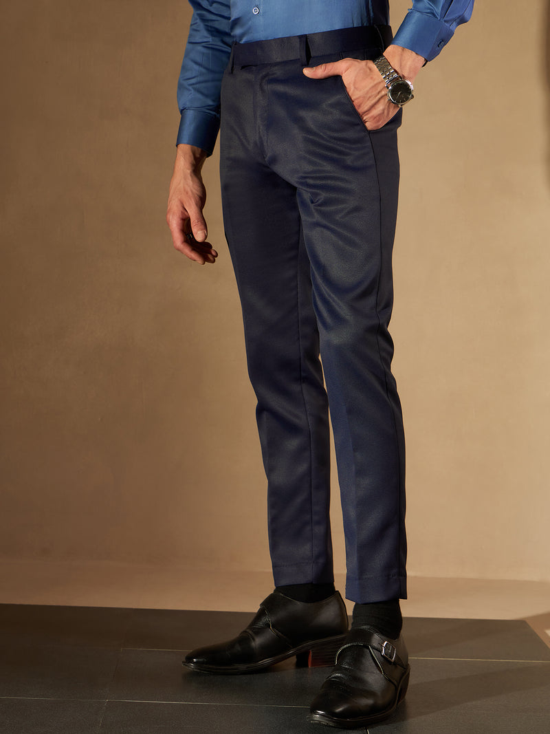 DENNISON Men Navy Blue Smart Tapered Fit Self Design Regular Trousers