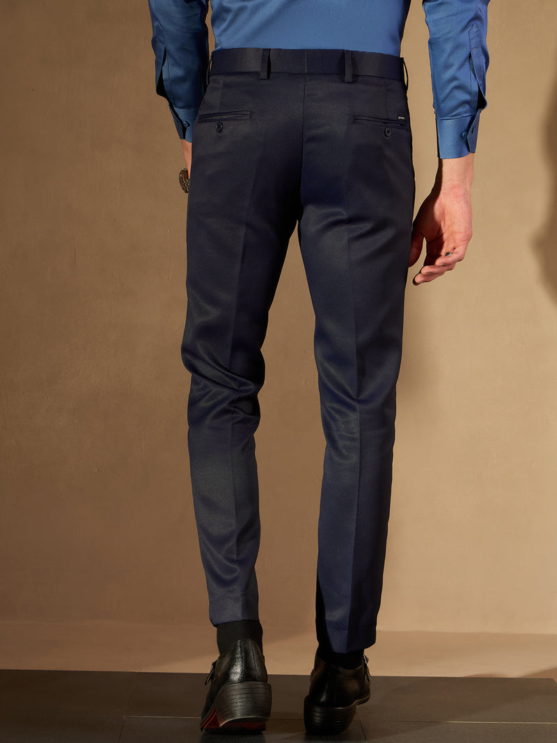 DENNISON Men Navy Blue Smart Tapered Fit Self Design Regular Trousers