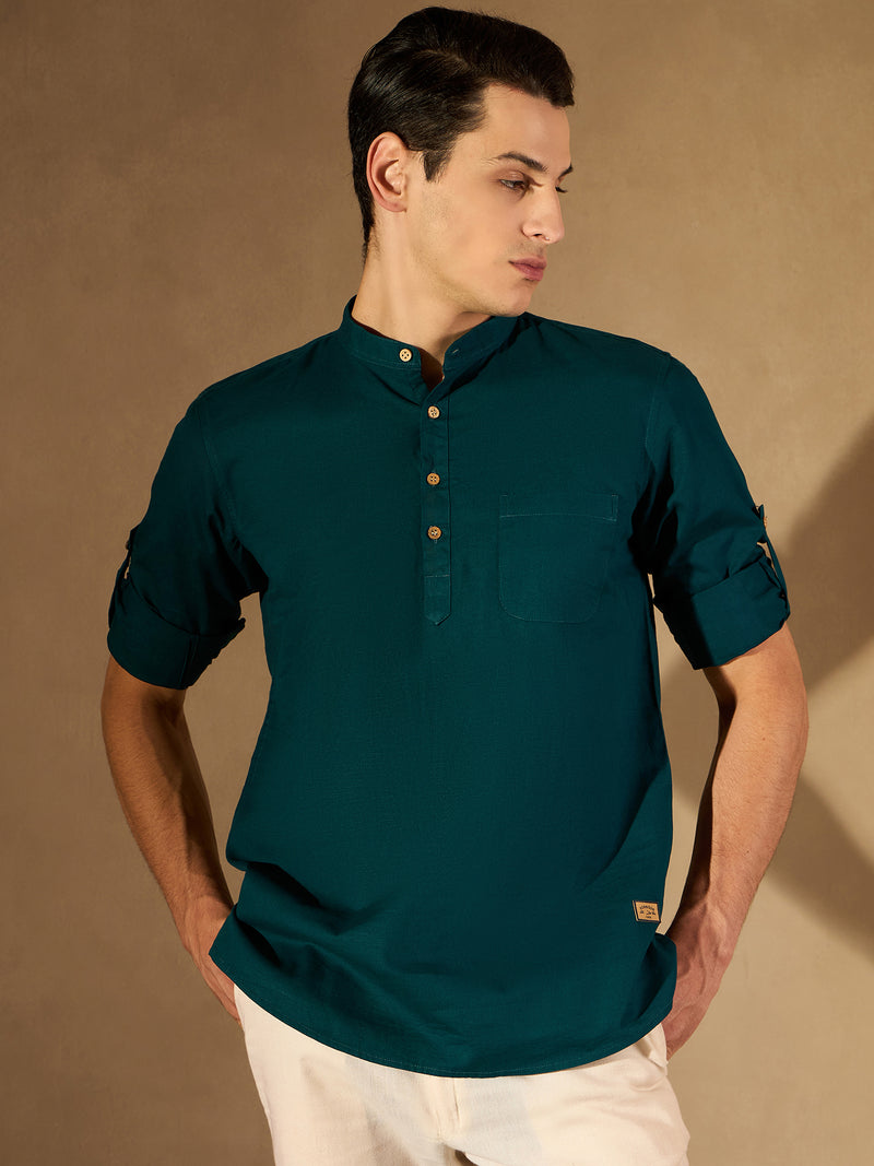 Men Green Comfort Slim Fit Short Kurta