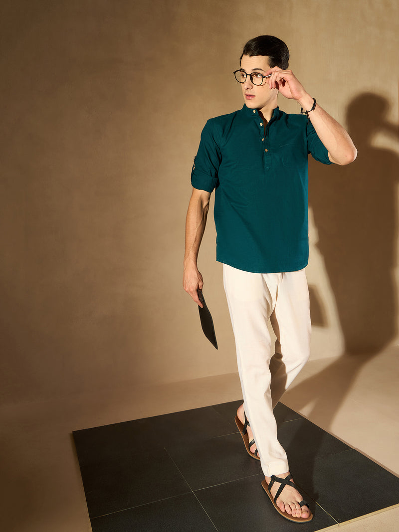 Men Green Comfort Slim Fit Short Kurta