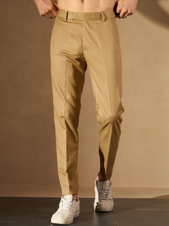 DENNISON Men Beige Smart Tapered Fit Cropped Trousers