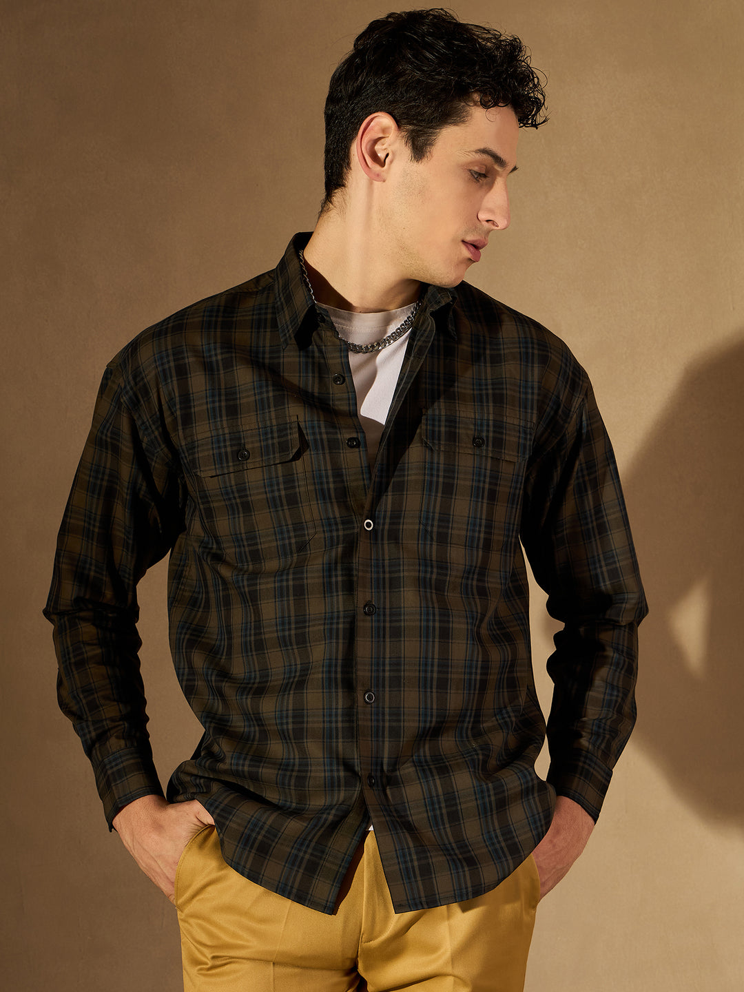 Olive Green Double Pocket Checked Shirt