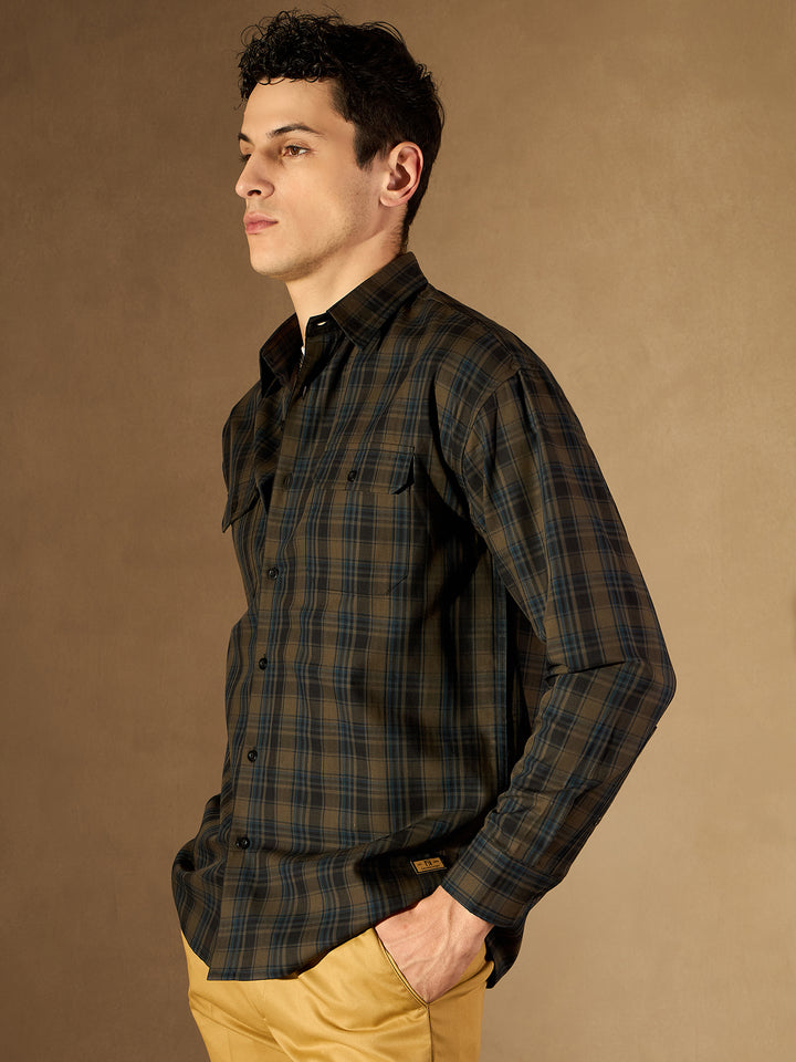 Olive Green Double Pocket Checked Shirt