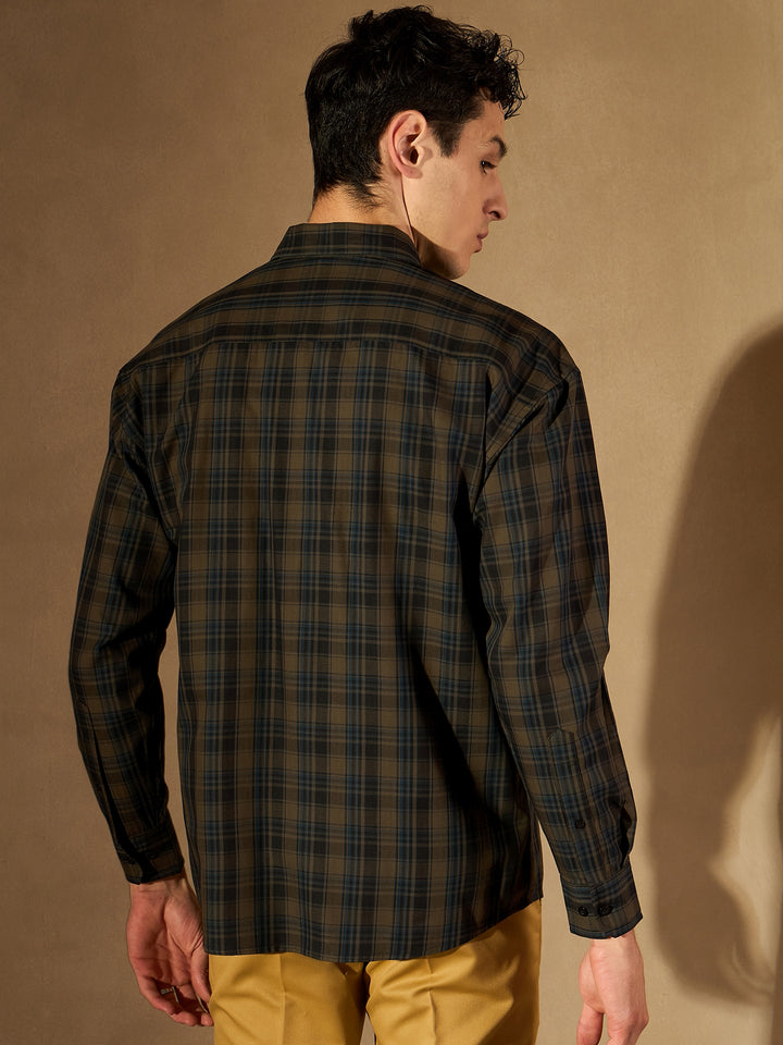 Olive Green Double Pocket Checked Shirt