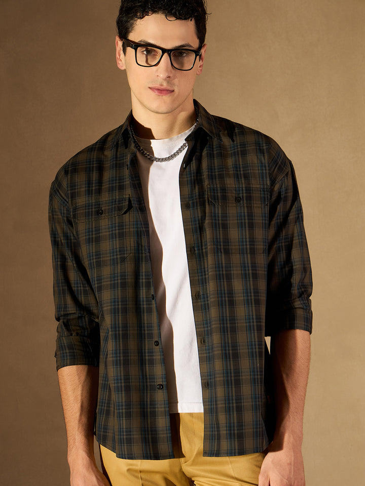 Olive Green Double Pocket Checked Shirt