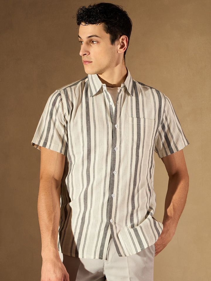 White & Grey Striped Cotton Casual Shirt