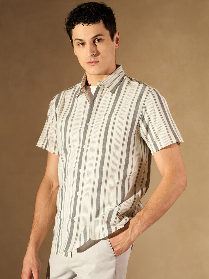 White & Grey Striped Cotton Casual Shirt