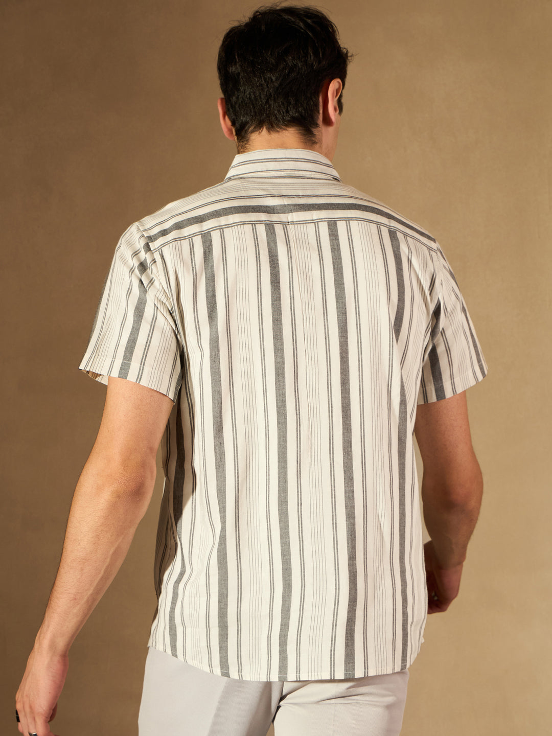 White & Grey Striped Cotton Casual Shirt