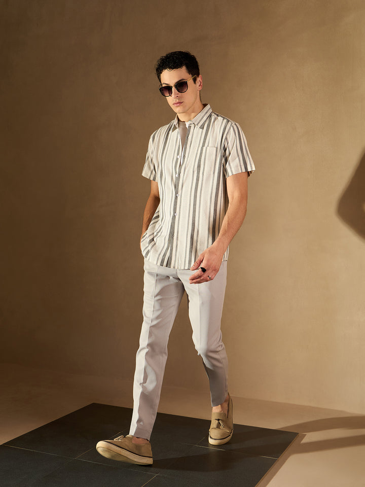 White & Grey Striped Cotton Casual Shirt