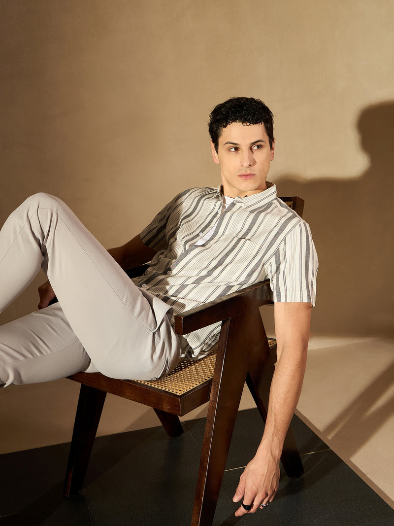 White & Grey: Half Sleeves Striped Shirt