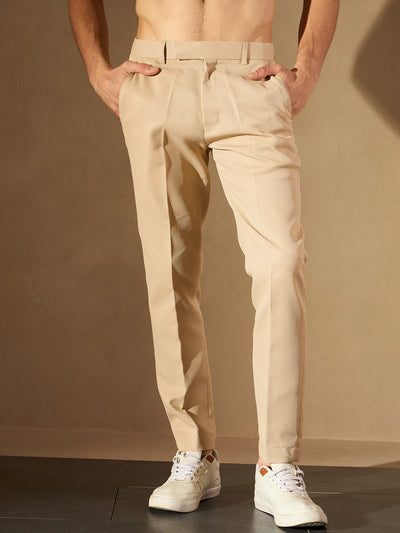 Cream Self Design Tapered Fit Trousers