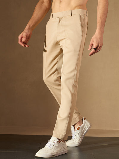 Cream Self Design Tapered Fit Trousers