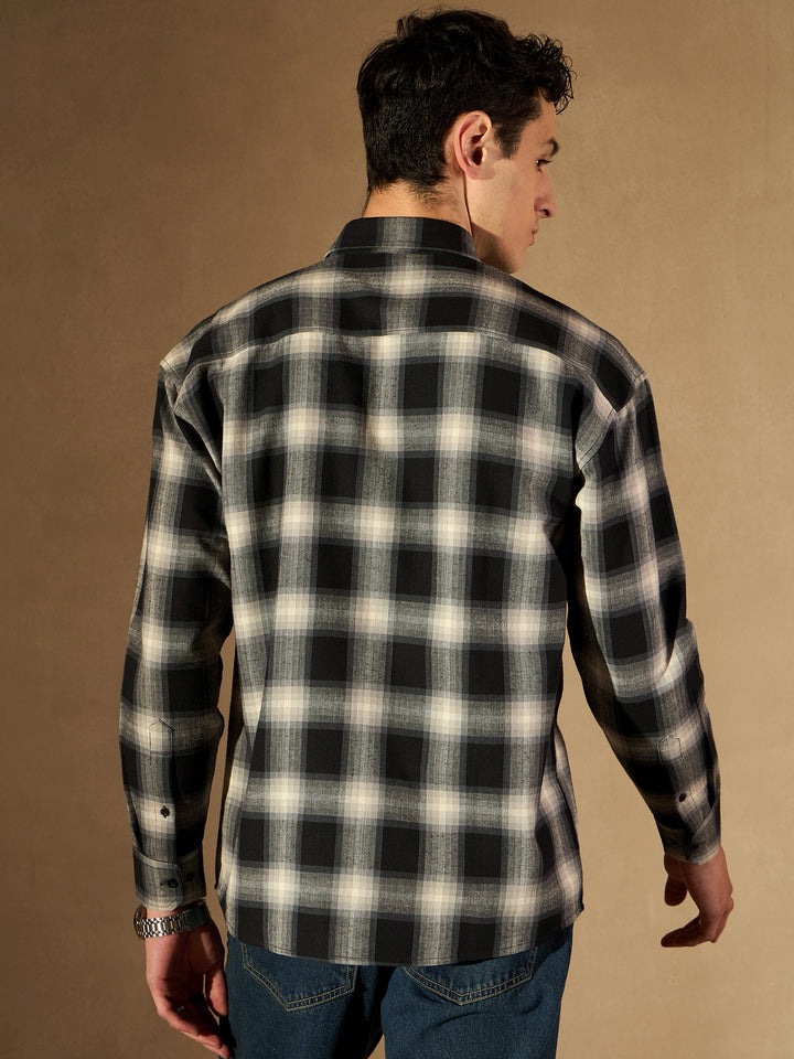 Black Double Pocket Checked Shirt