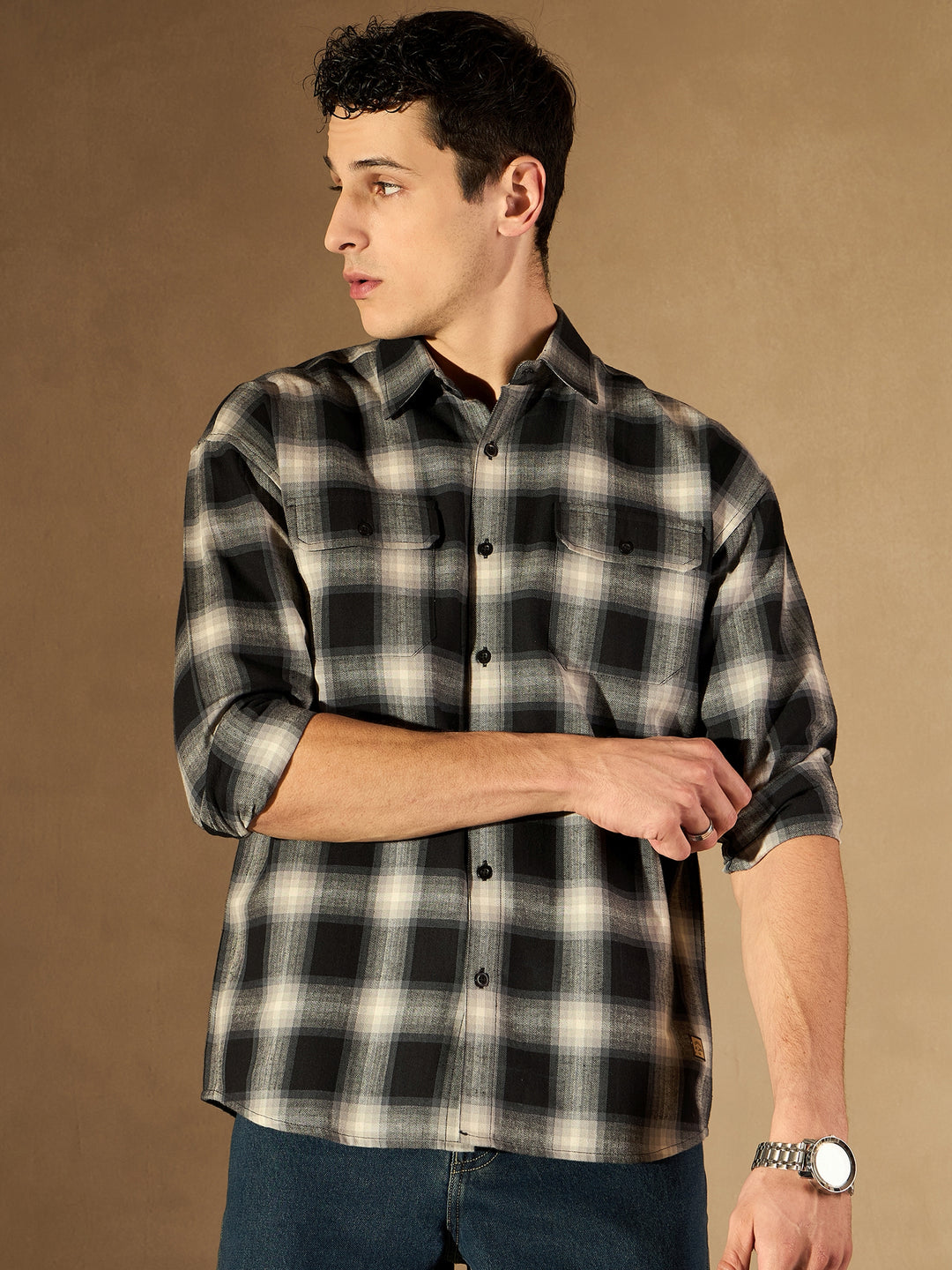 Black Double Pocket Checked Shirt