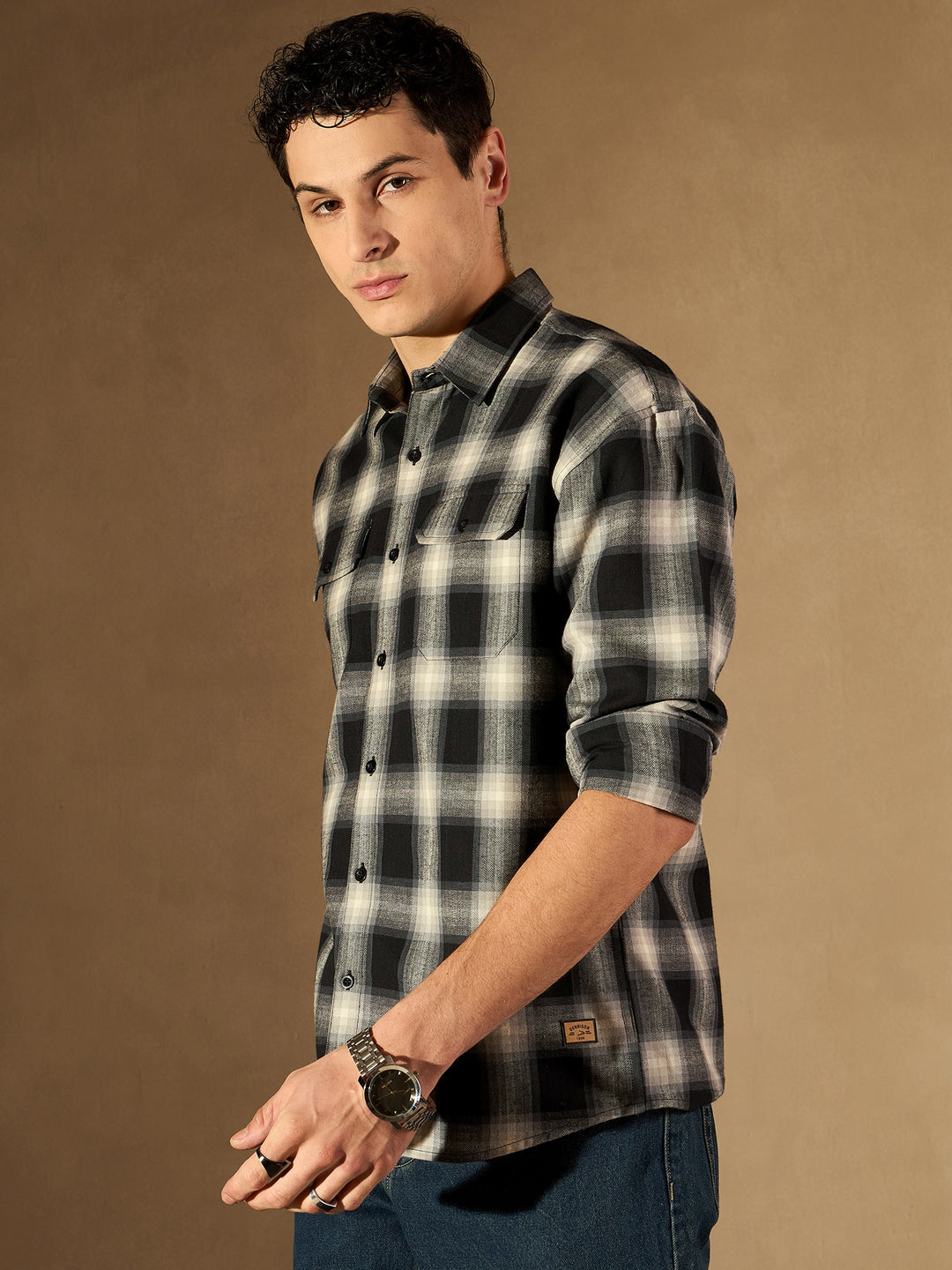 Black Double Pocket Checked Shirt