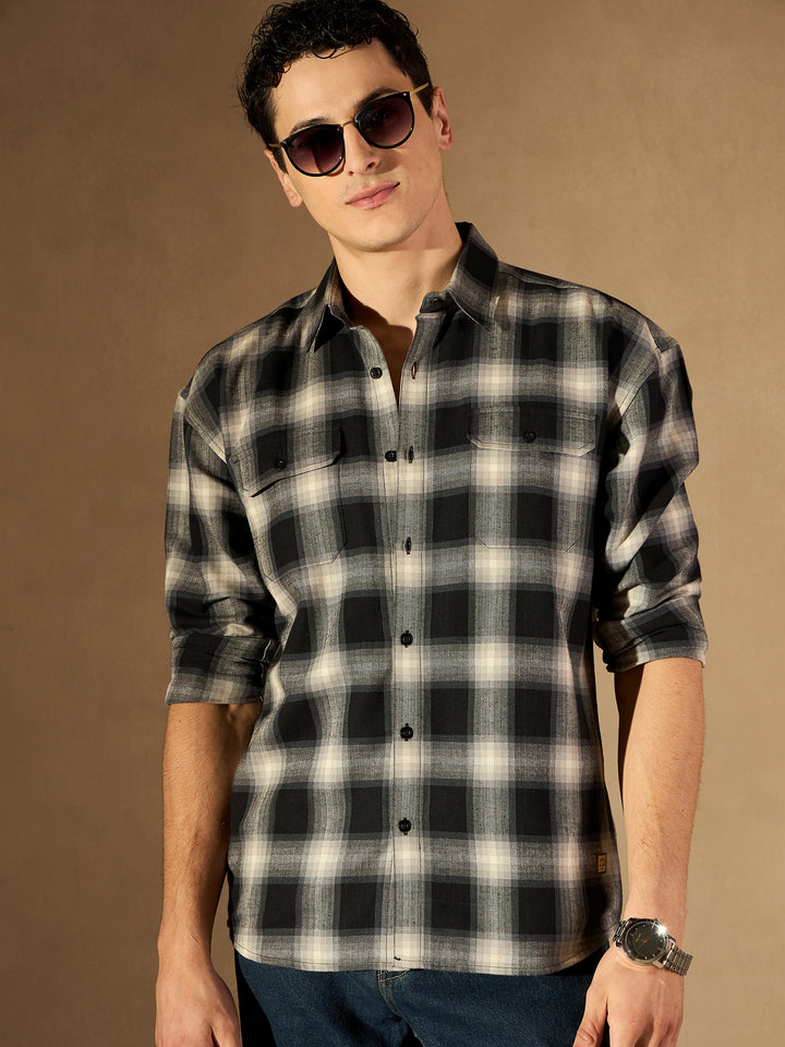 Black Double Pocket Checked Shirt