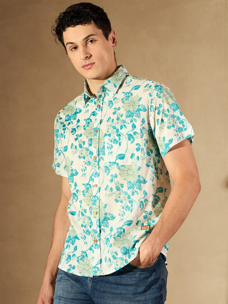 White: Half Sleeves Block Printed Shirt
